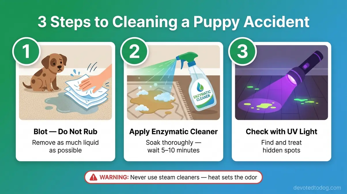 Three-step illustrated guide for cleaning a Goldendoodle puppy accident with enzymatic cleaner