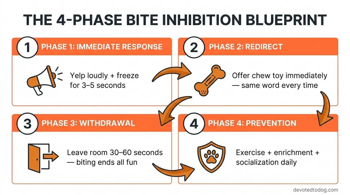 Infographic showing four phases to stop golden retriever puppy biting: yelp, redirect, time-out, and prevention