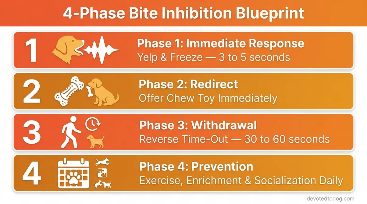 Infographic showing four phases to stop golden retriever puppy biting: yelp, redirect, time-out, and prevention