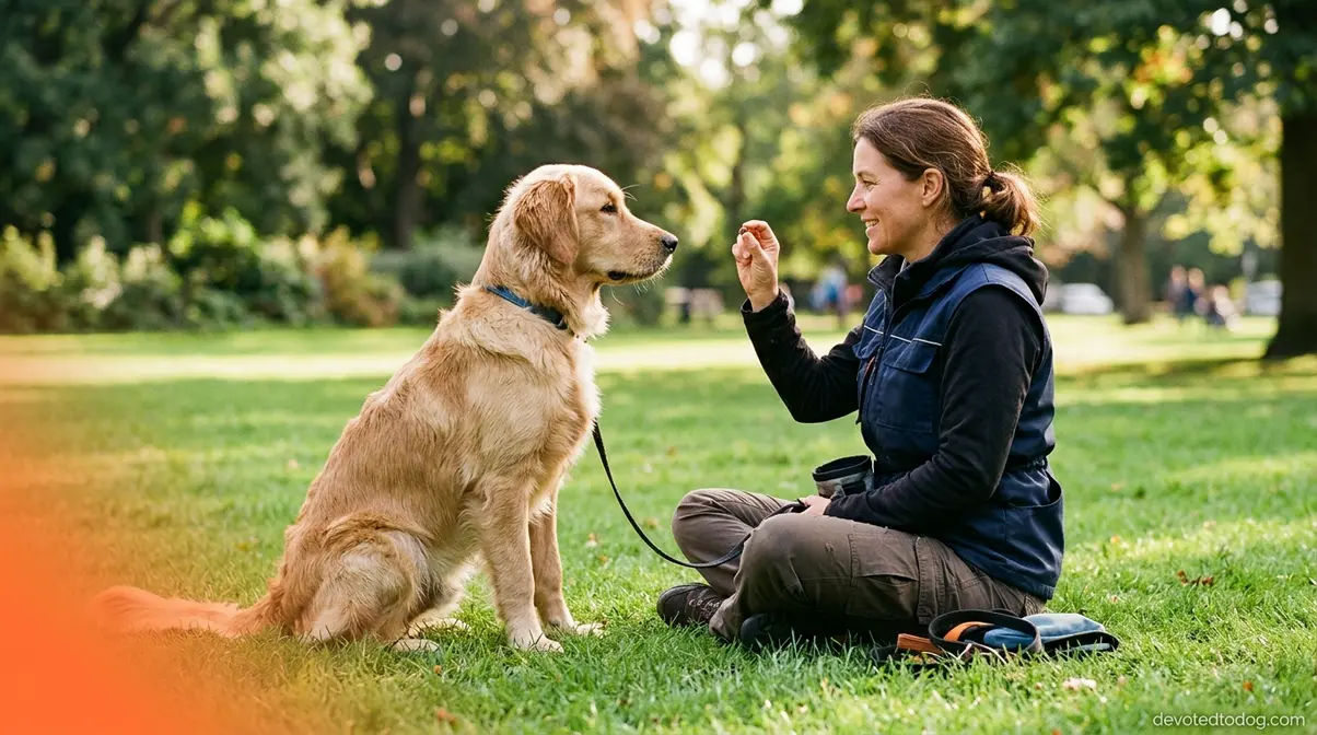 Nine-month-old Golden Retriever in adolescent phase making eye contact during outdoor training session