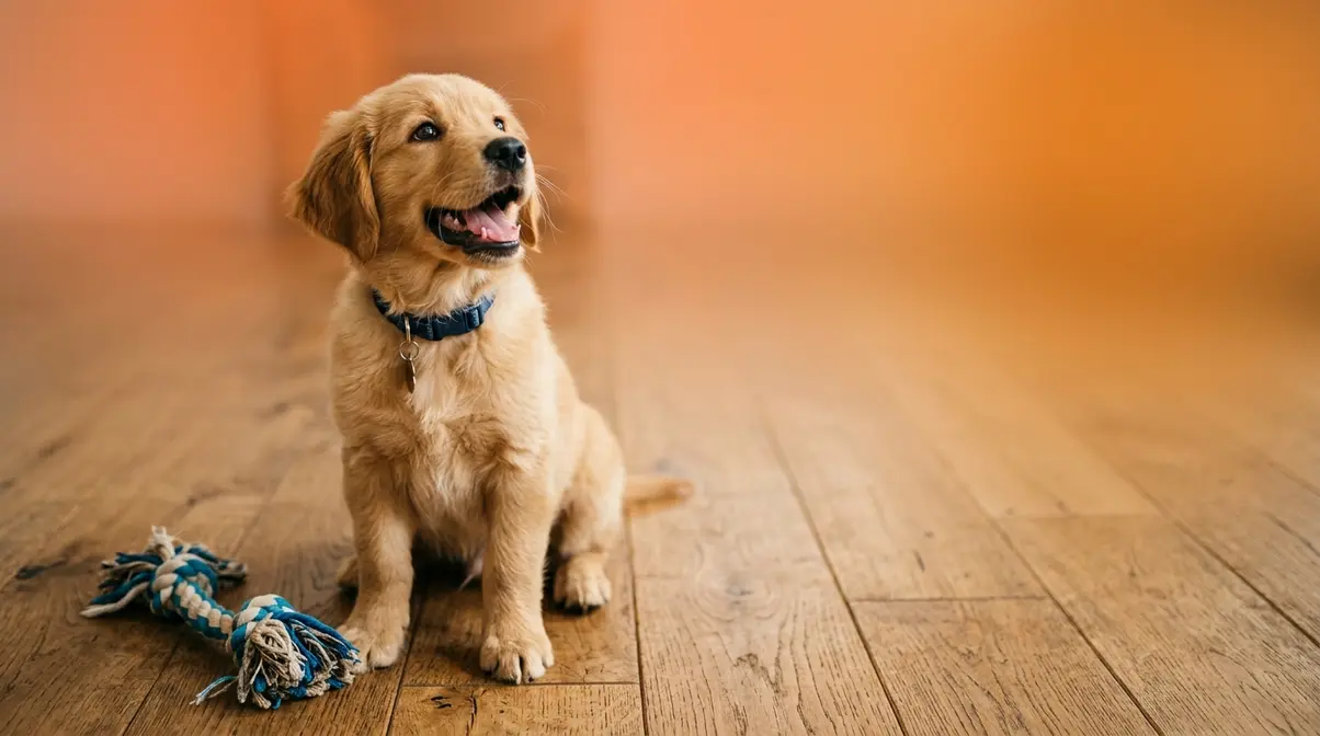 Golden retriever puppy with a rope chew toy illustrating natural biting and mouthing behavior