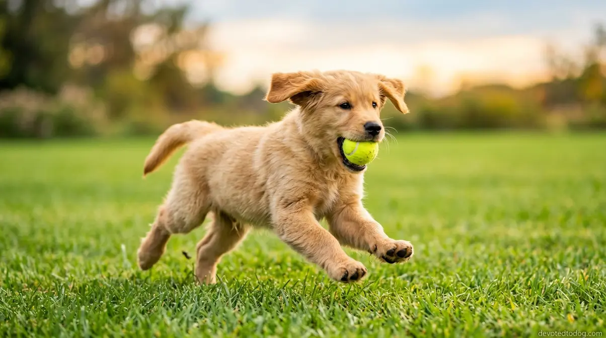 Golden retriever puppy running with a tennis ball on grass during an outdoor exercise session