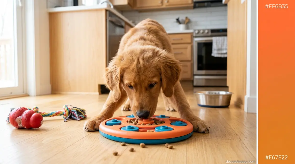 Golden Retriever puppy using puzzle feeder toy for mental enrichment to reduce biting behavior