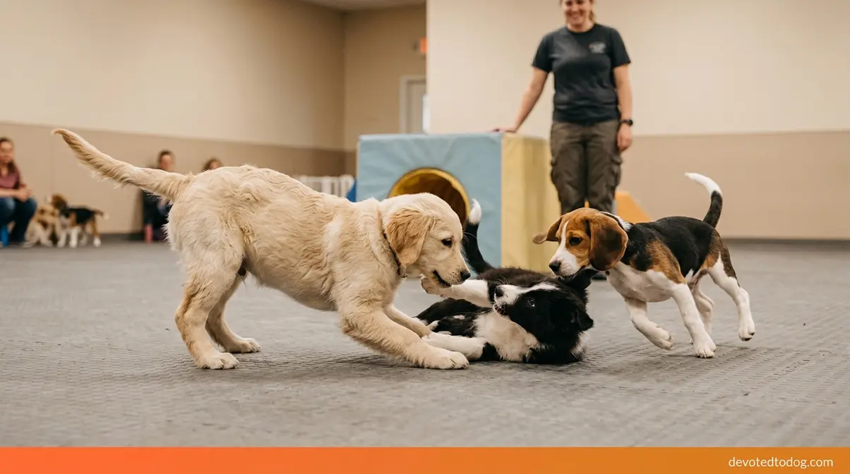 Golden Retriever puppy playing with other puppies in supervised socialization class off-leash