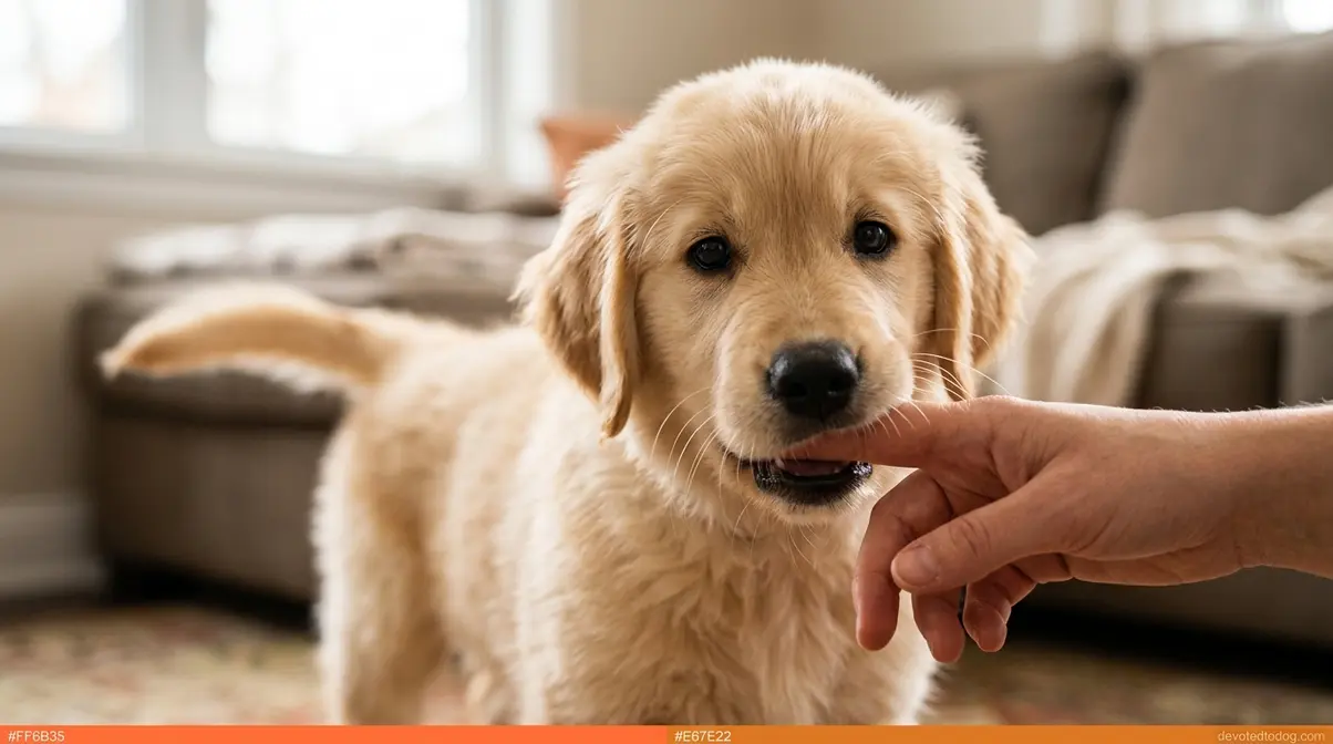 Eight-week-old Golden Retriever puppy mouthing a human finger during normal play interaction