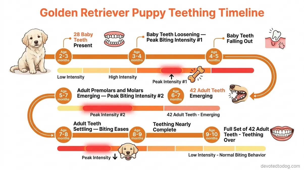 Golden Retriever puppy teething timeline showing baby teeth loss and adult teeth emergence from two to eight months