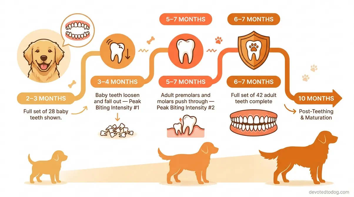 Golden retriever puppy teething timeline showing baby teeth loss and adult teeth emergence from two to ten months