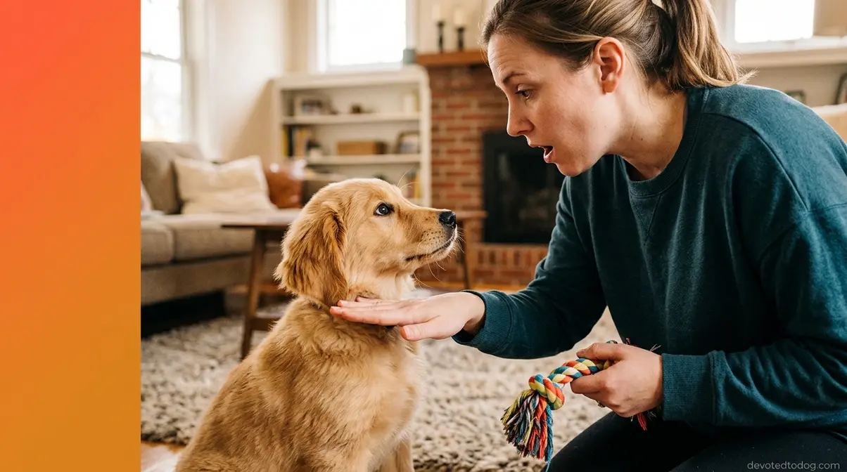 Person demonstrating yelp and freeze technique with Golden Retriever puppy pausing to look up
