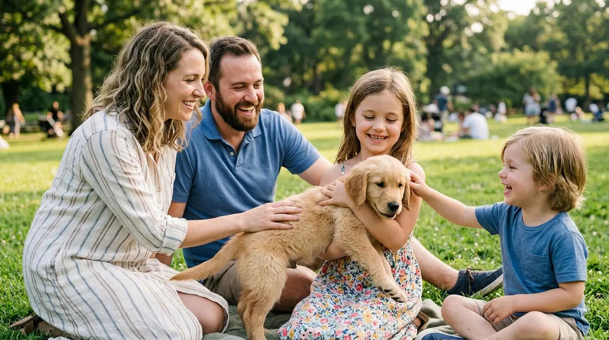 Golden retriever puppy being socialized with multiple people including children in a park setting
