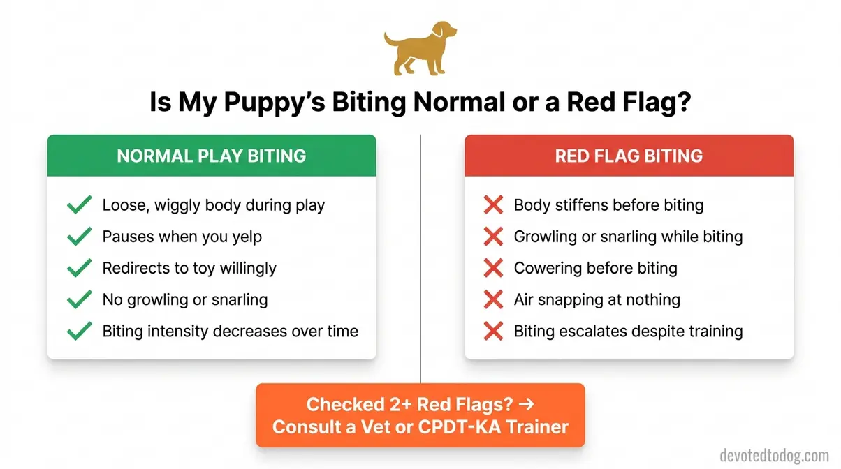 Flowchart comparing normal golden retriever puppy play biting versus red flag aggressive biting behaviors with checklist