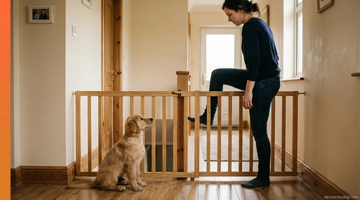 Person stepping over baby gate to apply reverse time-out technique with Golden Retriever puppy watching