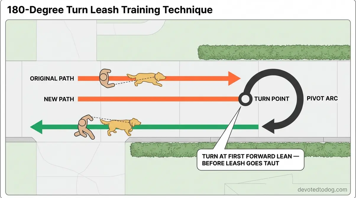 Diagram showing handler performing 180-degree turn to redirect a pulling golden retriever during leash training