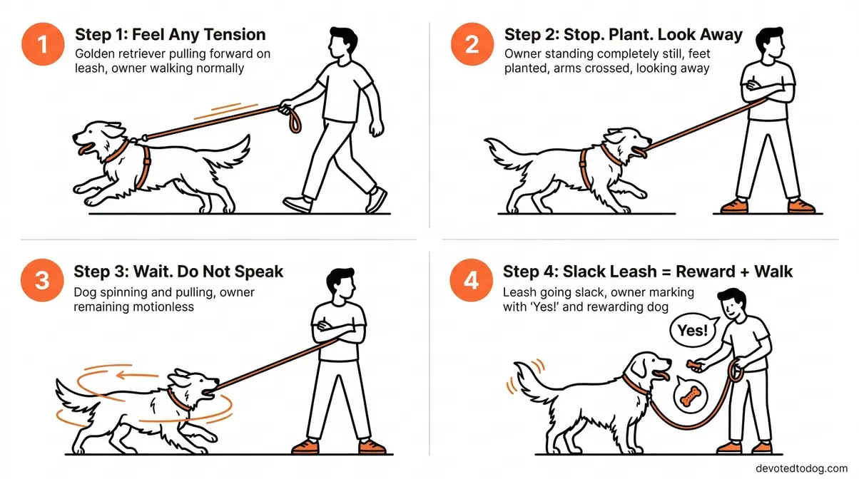 Infographic showing four-step Be a Tree method to stop leash pulling in golden retriever training