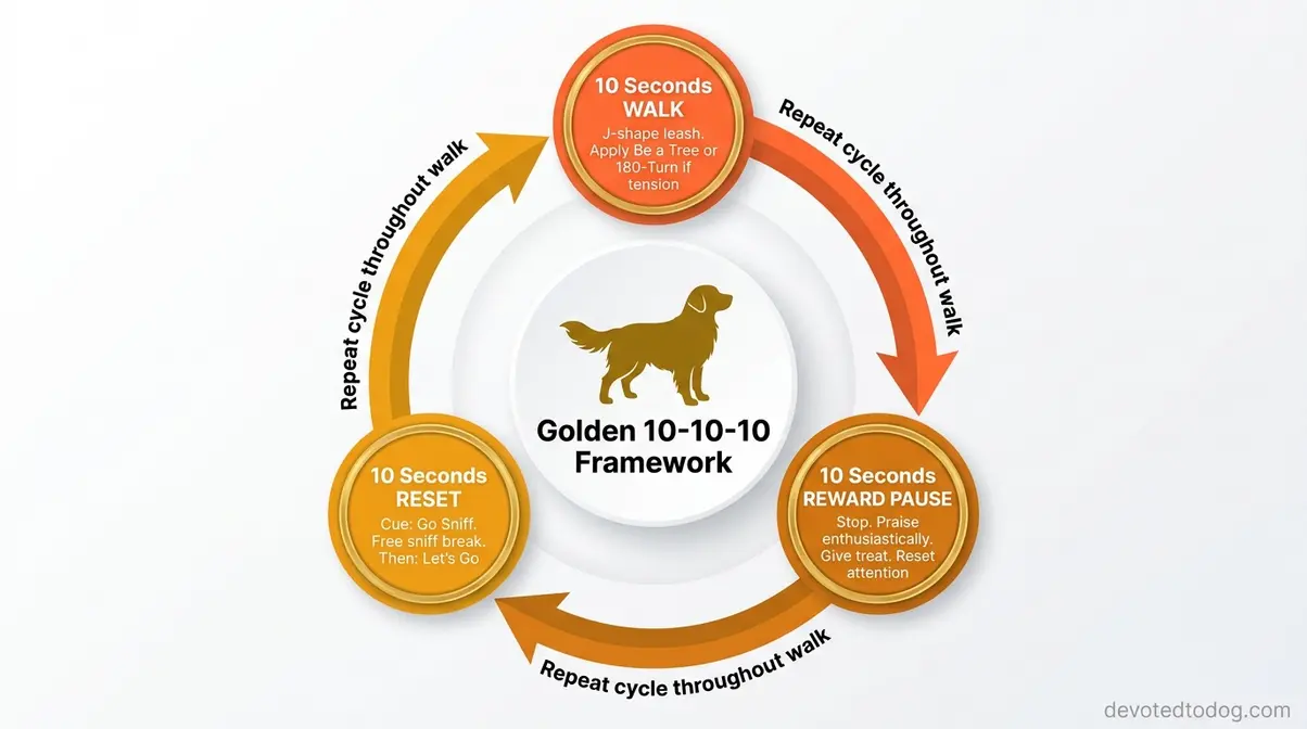 Flowchart of Golden 10-10-10 leash training framework showing ten-second walk reward pause and reset cycle