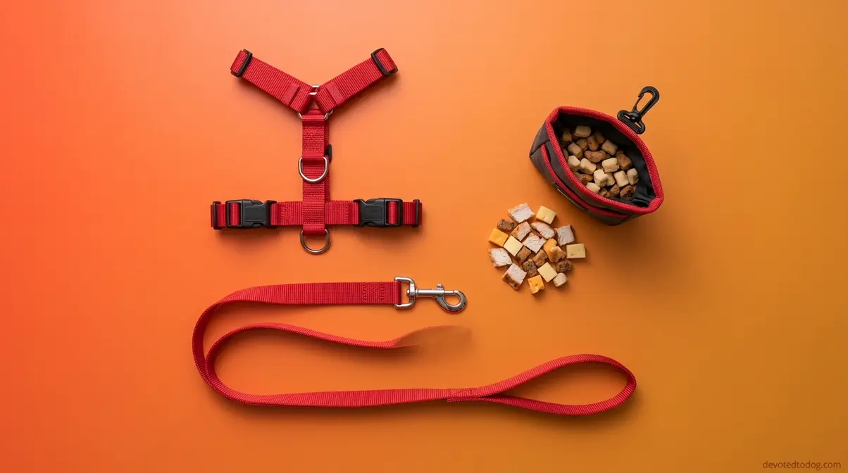 Essential golden retriever leash training gear including front-clip harness, six-foot leash, and high-value treats