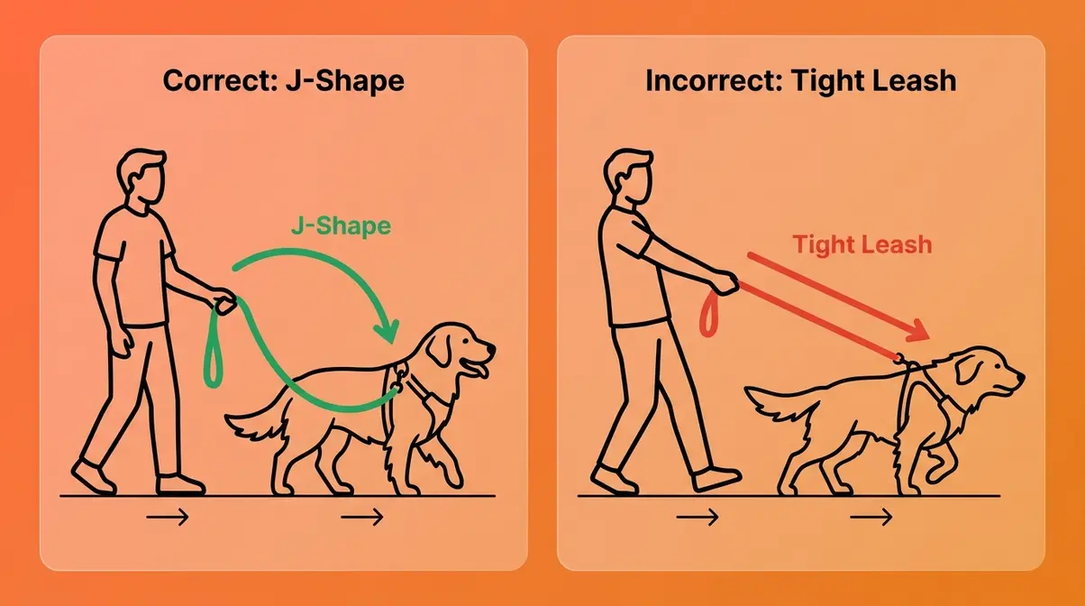 Diagram comparing correct J-shape slack leash position versus tight pulling leash in golden retriever training