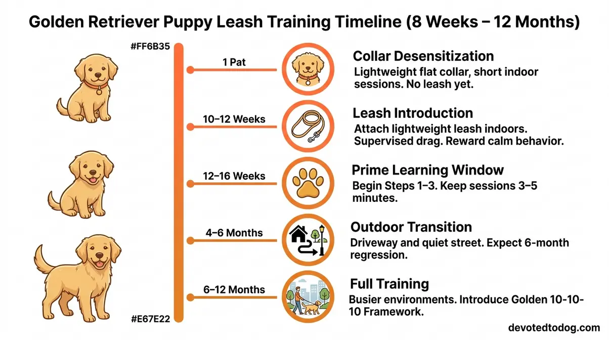 Infographic showing golden retriever puppy leash training milestones from eight weeks to twelve months