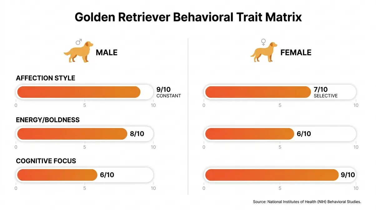 Behavioral trait matrix comparing male vs female golden retriever affection, energy, and focus scores