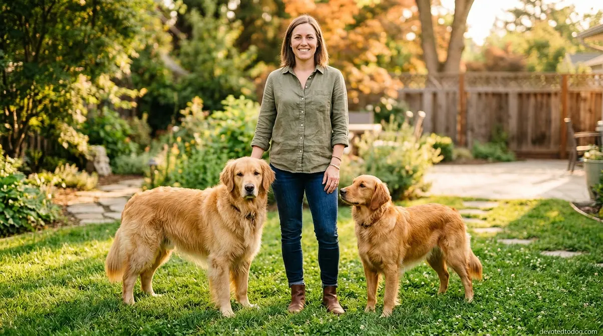Male and female golden retriever standing next to person showing real-world height and weight scale difference