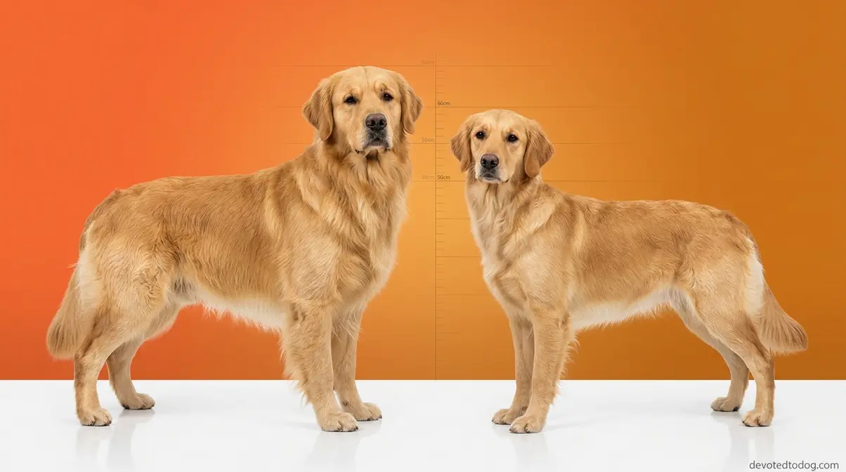 Male vs female golden retriever physical size comparison showing height and build differences side by side