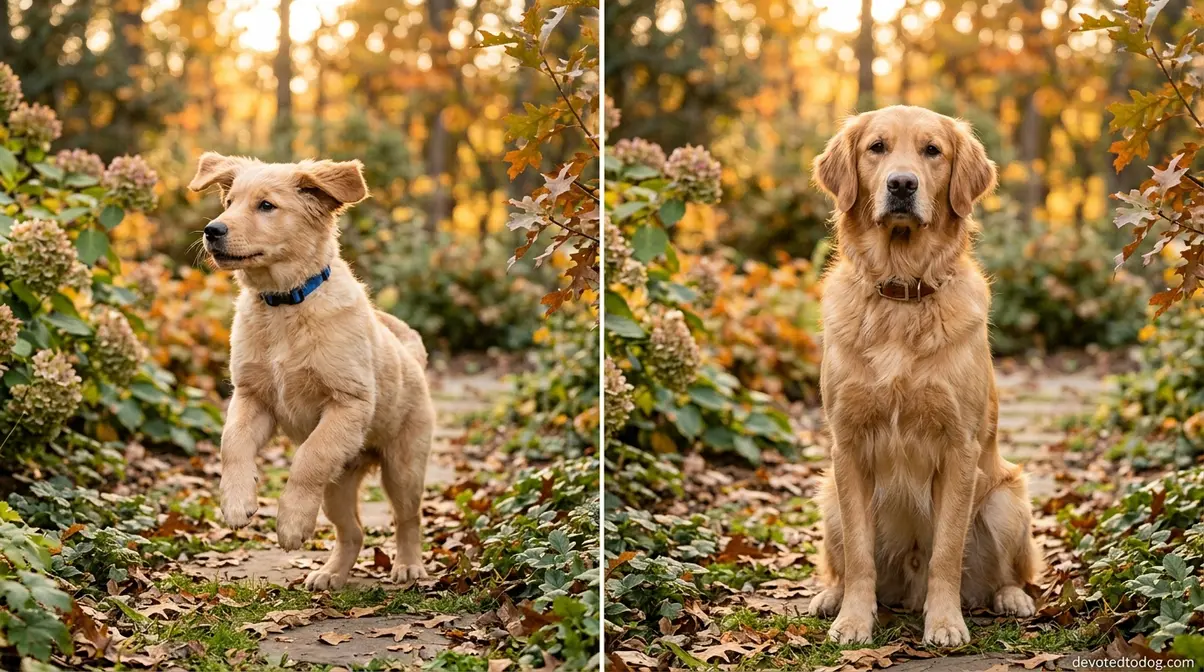 Golden retriever puppy in playful distracted pose versus calm mature adult golden retriever showing mental maturity difference