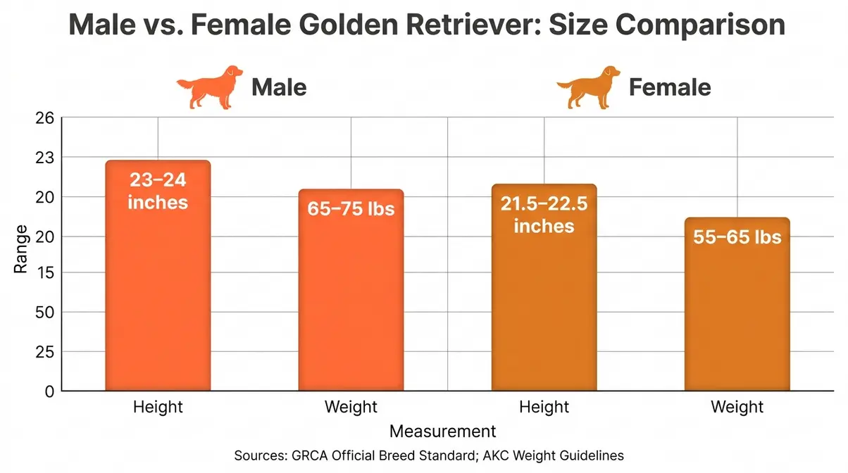 Male vs female golden retriever size and weight comparison chart showing height and weight ranges