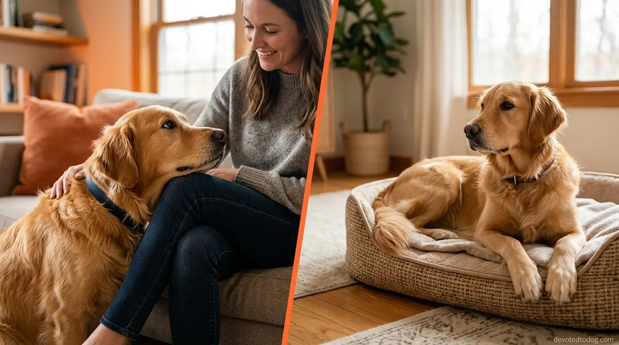 Male golden retriever Velcro dog behavior versus independent female golden retriever affection style