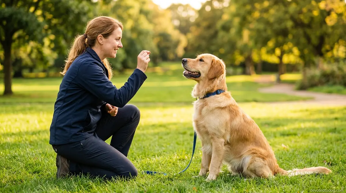 Golden retriever in focused training session outdoors demonstrating breed trainability and positive reinforcement