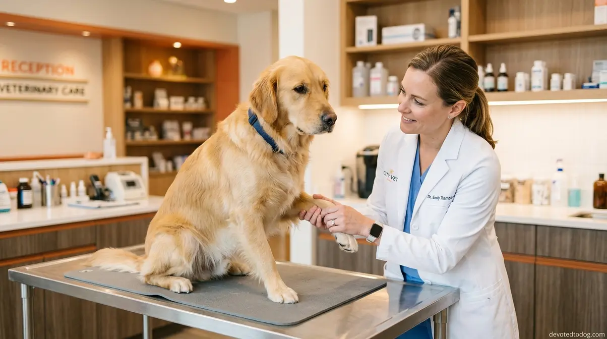Veterinarian examining golden retriever during health checkup related to spay neuter timing decision