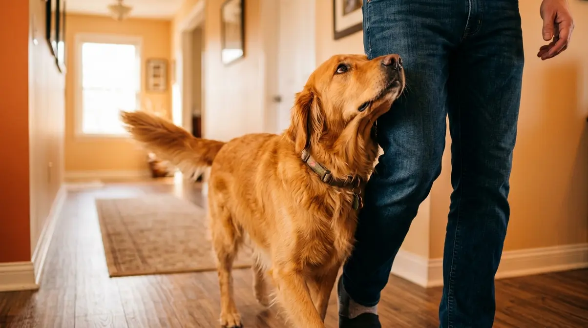 Male golden retriever following owner closely through home hallway showing Velcro dog behavior