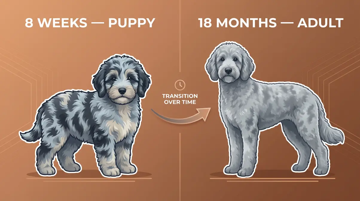 Blue merle Goldendoodle puppy versus adult coat comparison showing color fading over eighteen months