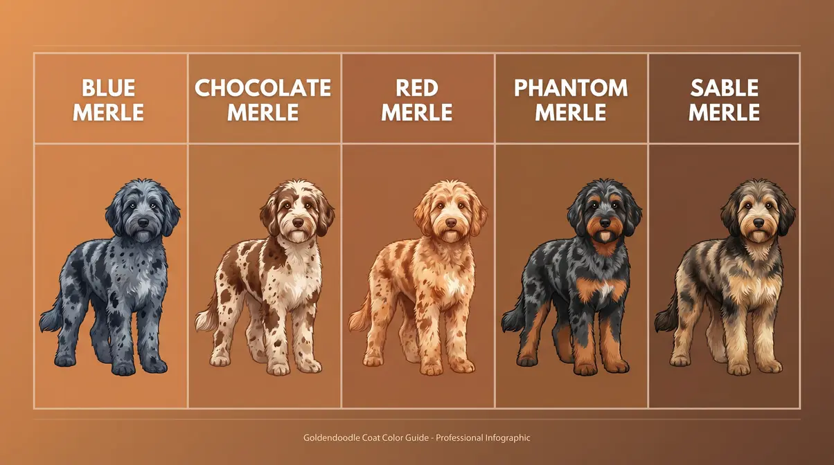 Merle Goldendoodle colors infographic comparing blue chocolate red phantom and sable coat variations