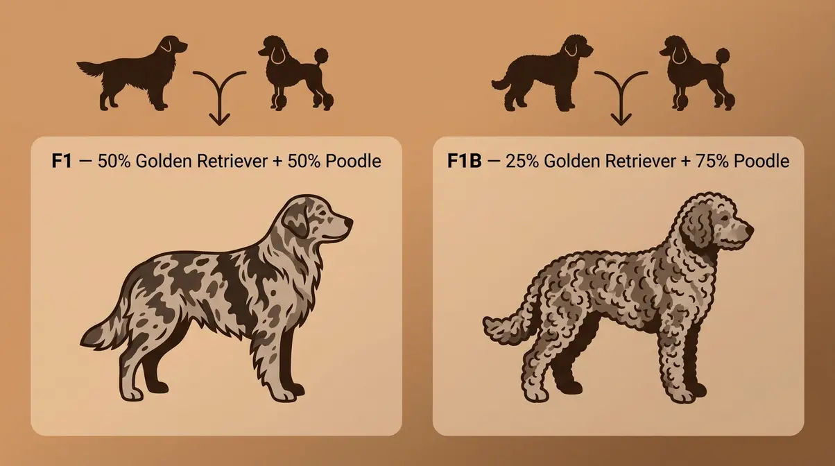 F1 versus F1B merle Goldendoodle generation diagram showing coat curl and merle pattern visibility difference