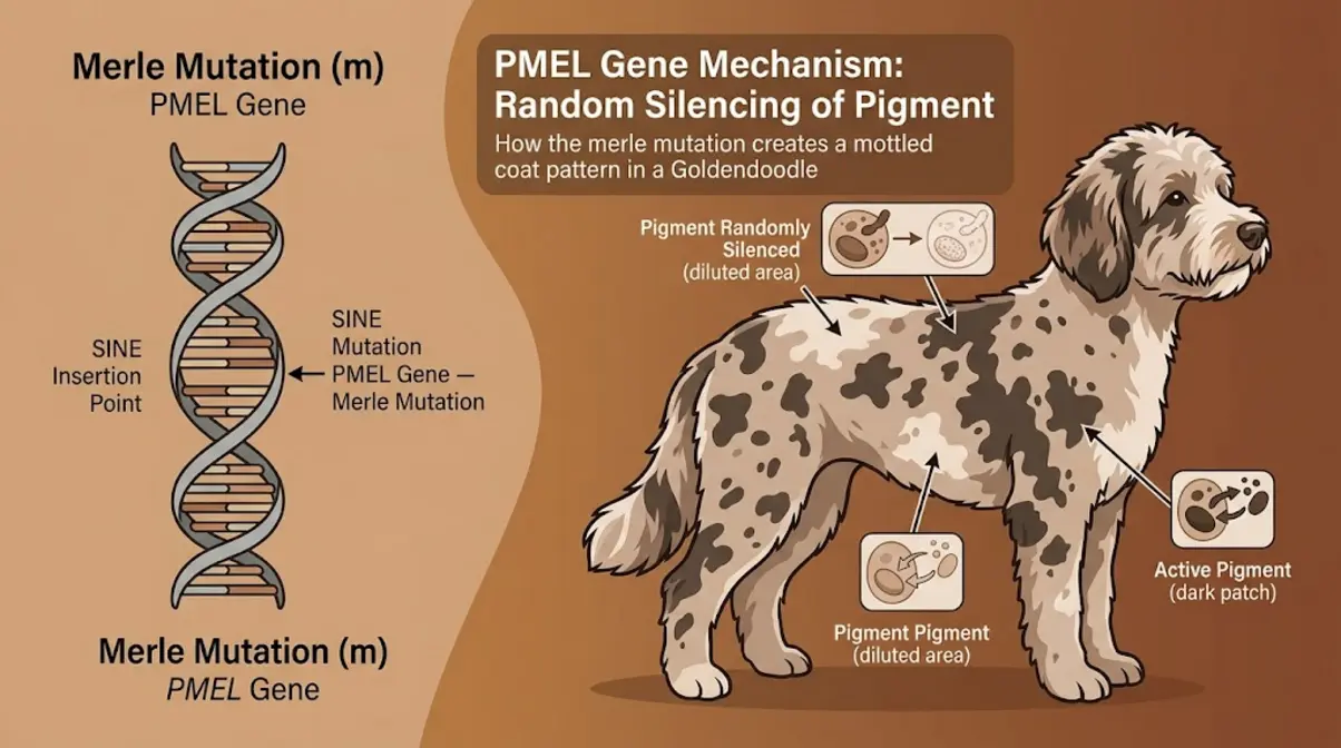 Illustration of the PMEL gene merle mutation showing random pigment silencing in a Goldendoodle coat
