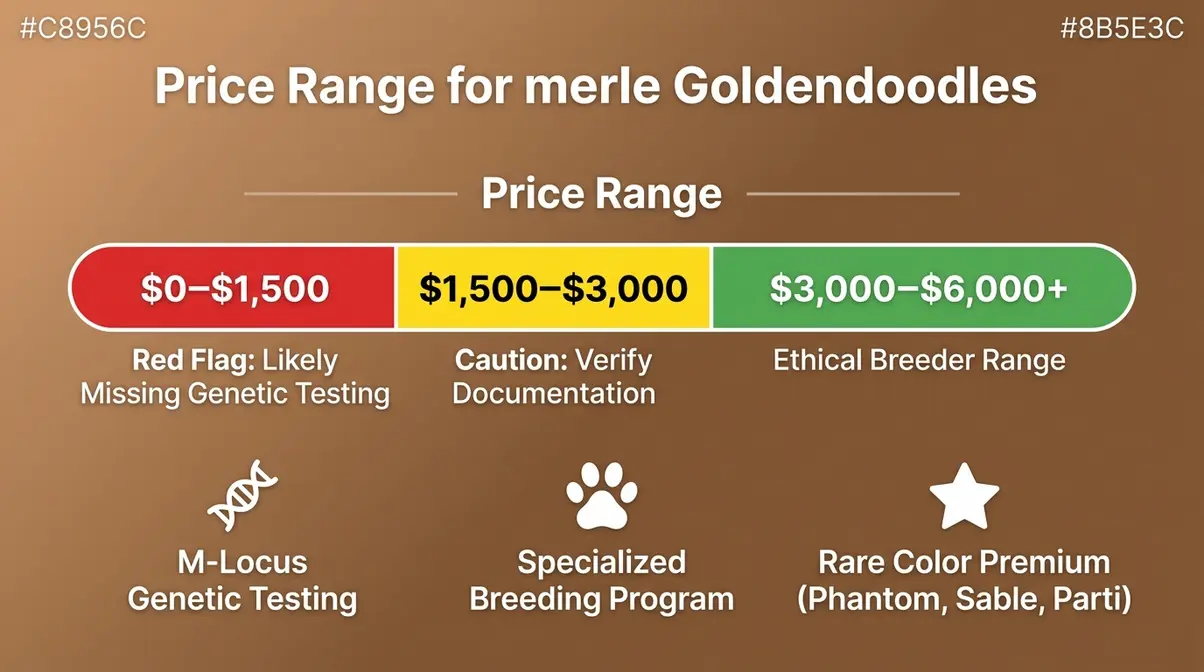 Merle Goldendoodle price range infographic showing ethical breeder cost zones from fifteen hundred to six thousand dollars