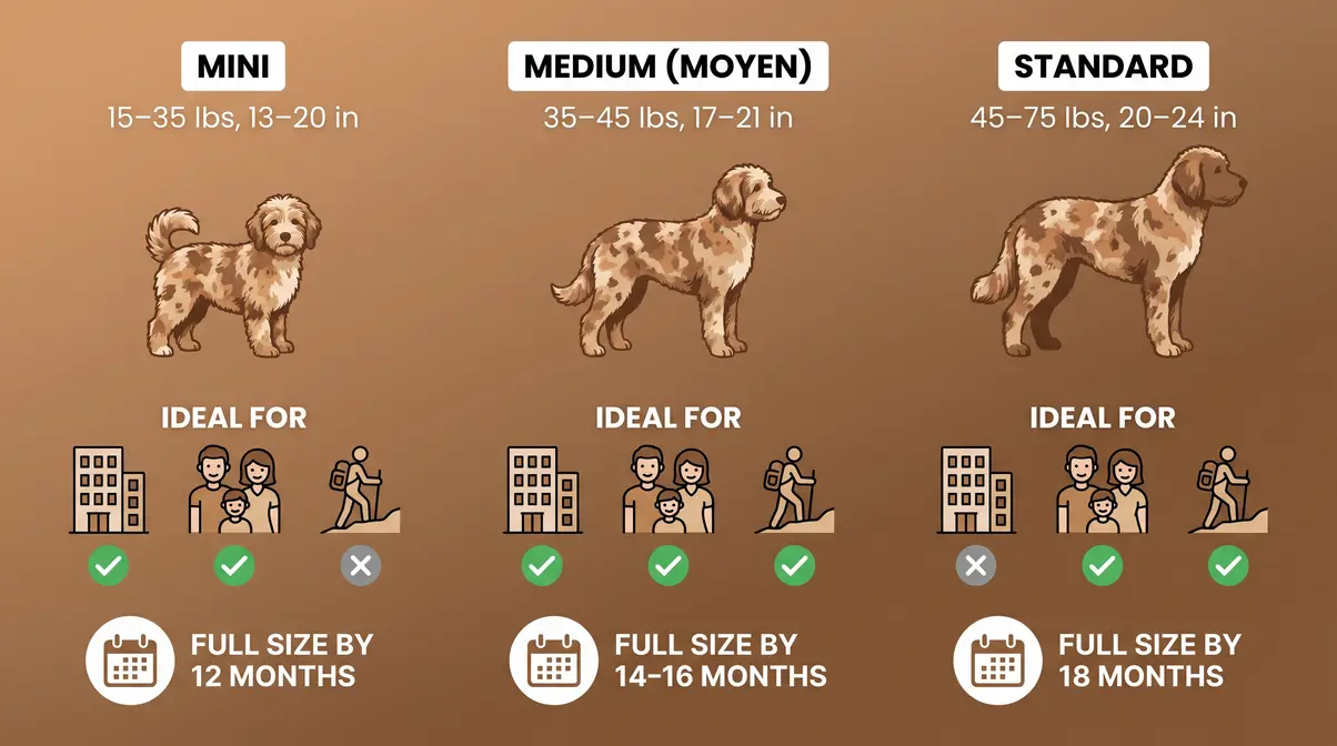 Mini medium and standard merle Goldendoodle size comparison infographic showing weight height and ideal living situation