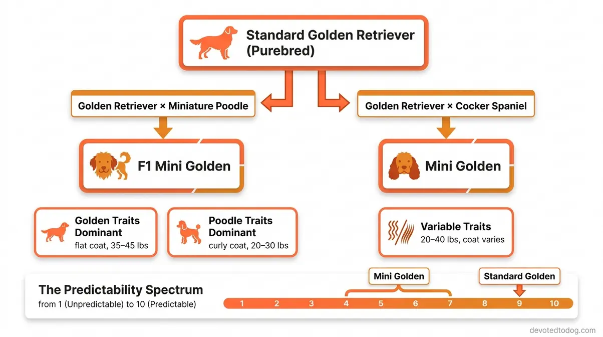 Genetics flowchart showing Golden Retriever crossbreeds with Poodle or Cocker Spaniel producing miniature golden retriever with variable traits