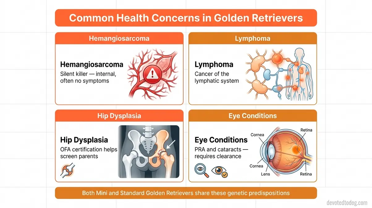 Illustrated chart showing common Golden Retriever health issues including hemangiosarcoma lymphoma hip dysplasia and eye conditions