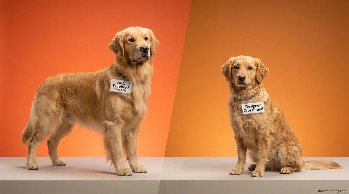 Standard Golden Retriever purebred standing next to a smaller miniature golden retriever crossbreed in studio