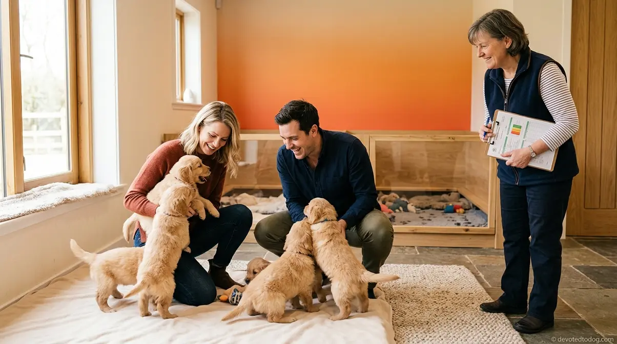 Family visiting reputable Golden Retriever breeder facility to review health clearances and meet puppies