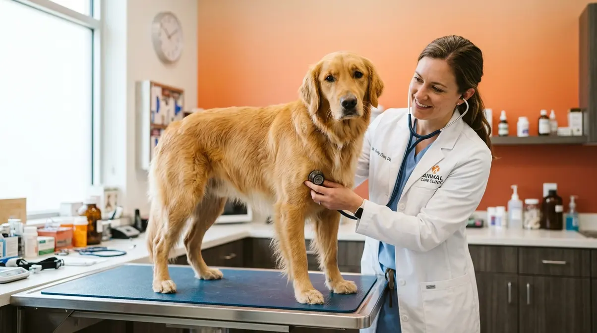 Golden Retriever receiving veterinary health checkup exam for cancer and hip dysplasia screening