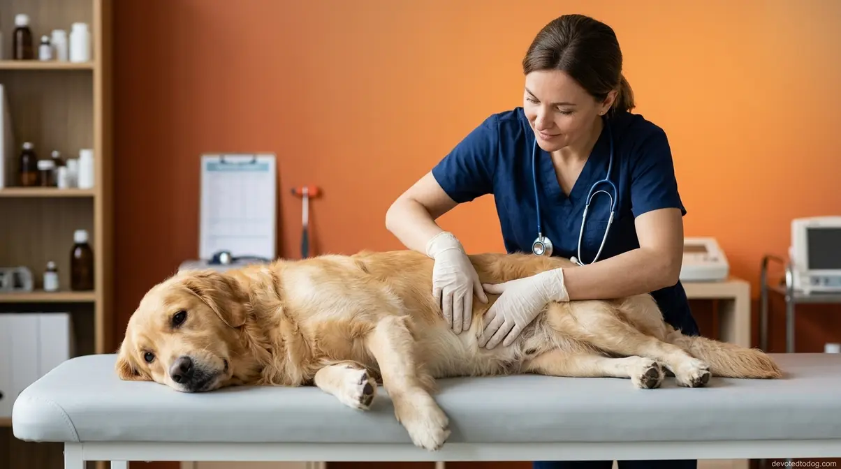 Veterinarian performing abdominal examination on Golden Retriever to screen for internal hemangiosarcoma