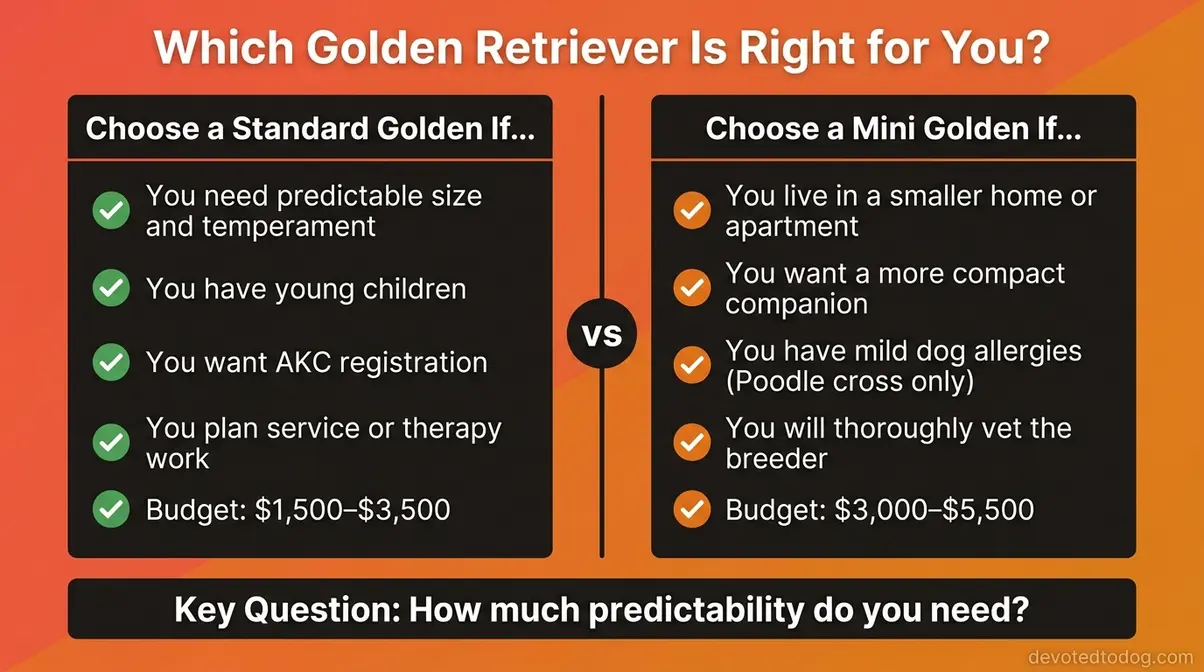 Decision matrix chart comparing miniature vs standard golden retriever by lifestyle space budget and predictability needs