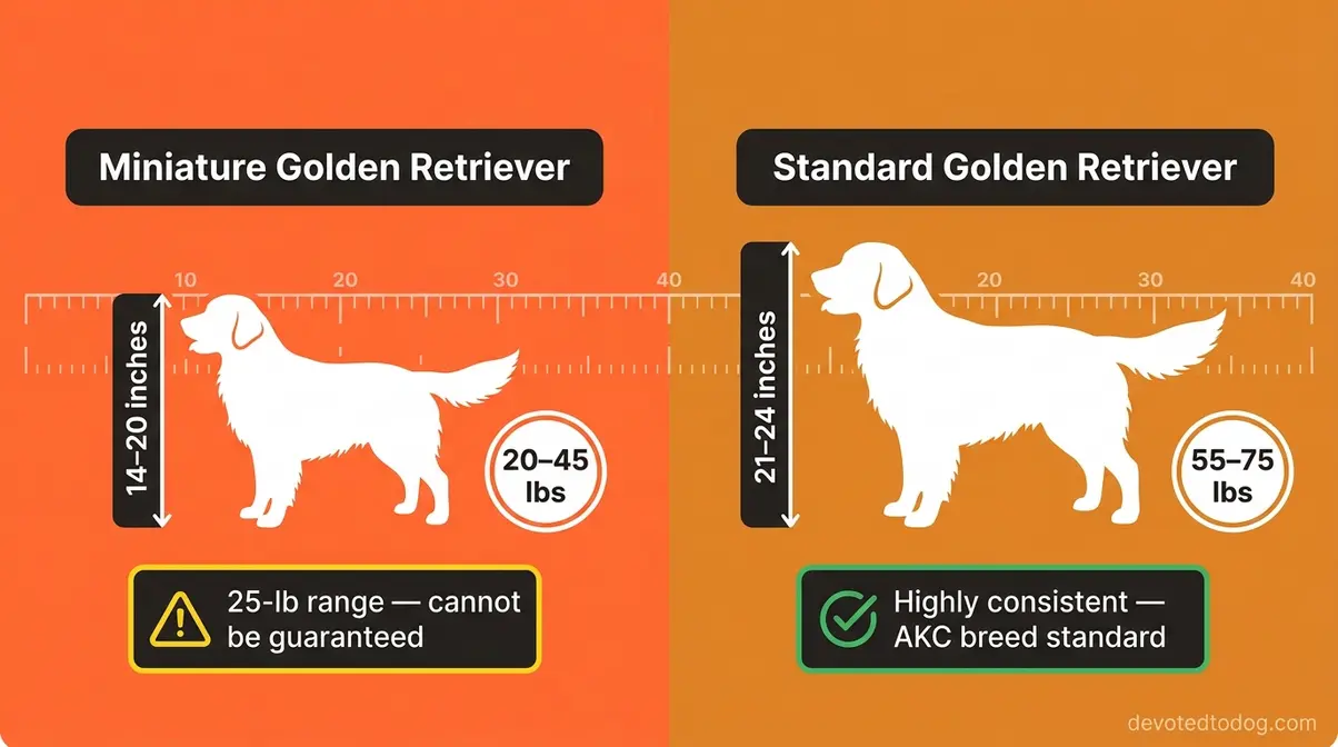 Side by side size comparison infographic showing miniature vs standard golden retriever weight and height differences