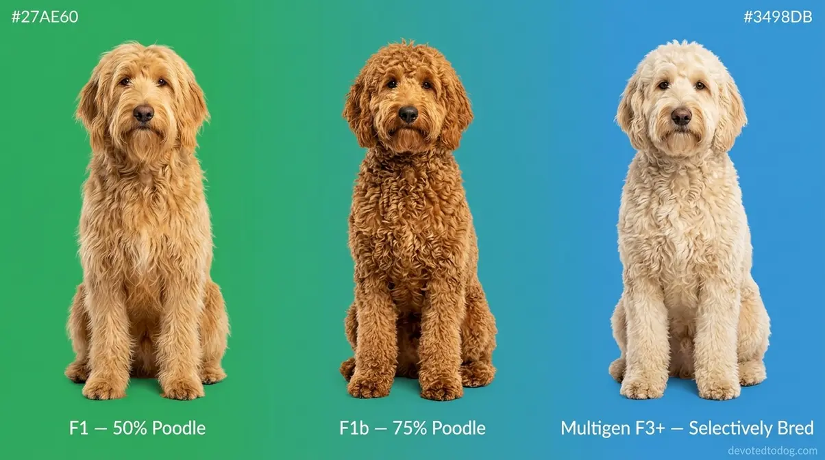 Three Goldendoodles side by side showing coat differences between F1, F1b, and multigen generations