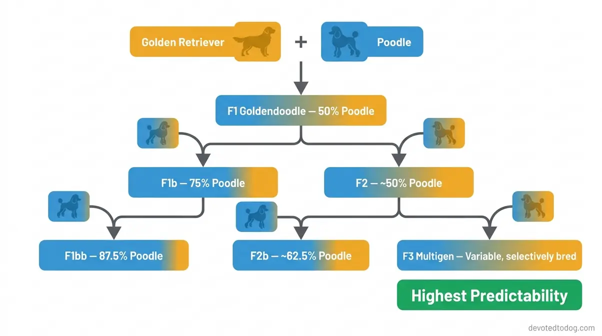 Goldendoodle generation flowchart showing F1 to multigen breeding paths with Poodle percentage at each step