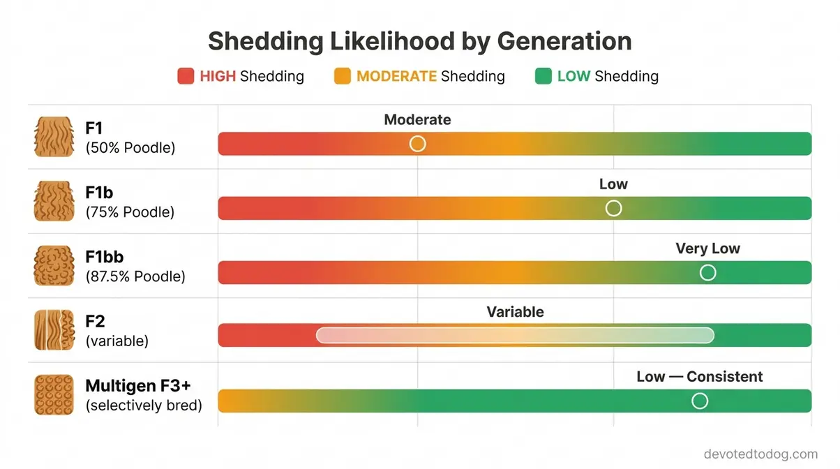 Multigen Goldendoodle shedding probability matrix comparing F1, F1b, F1bb, and multigen generations
