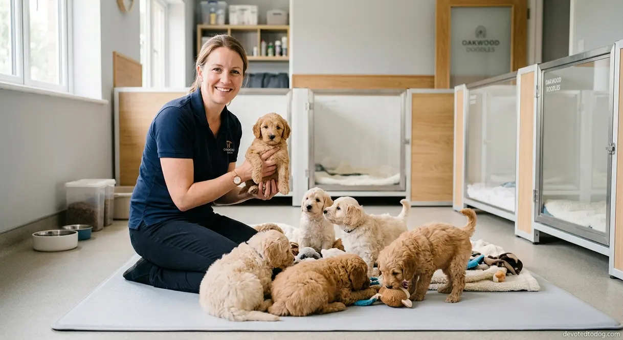 Responsible multigen Goldendoodle breeder with healthy litter of puppies in clean professional facility