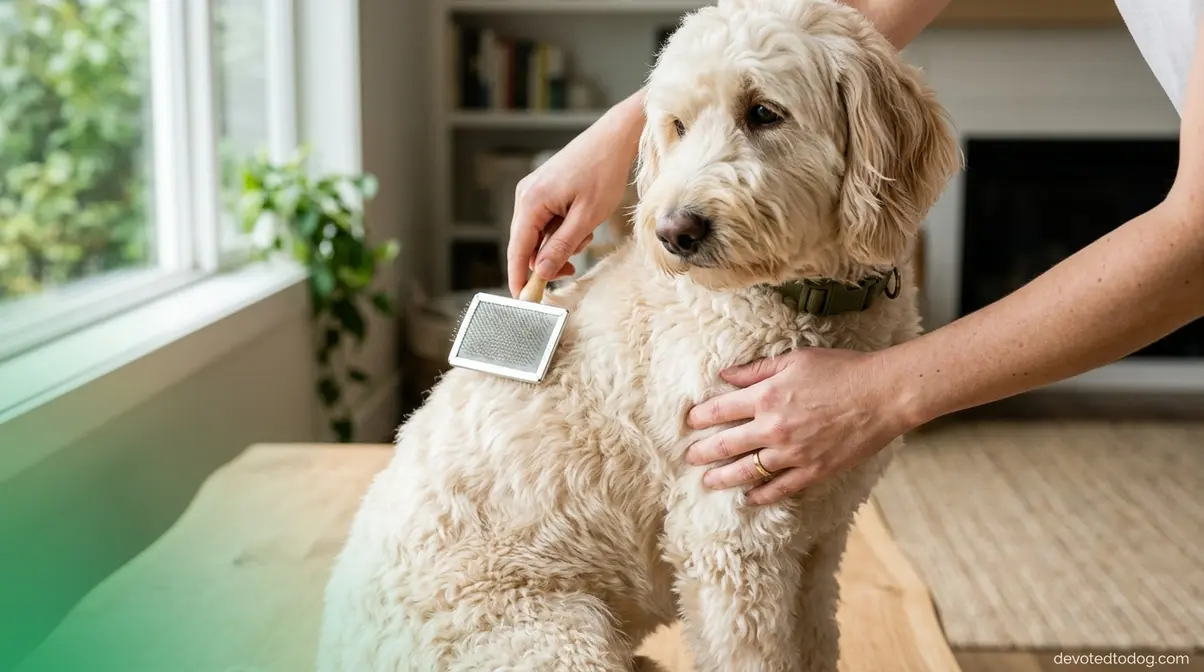 Multigen Goldendoodle with wavy cream coat being groomed, showing low-shedding coat texture and calm temperament