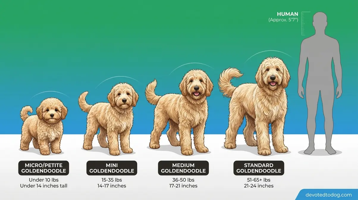 Multigen Goldendoodle size chart showing micro, mini, medium, and standard sizes next to adult human for scale